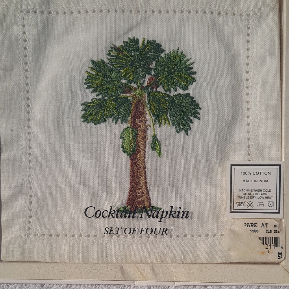 Embroidered Palm Tree Cotton Cocktail Napkins